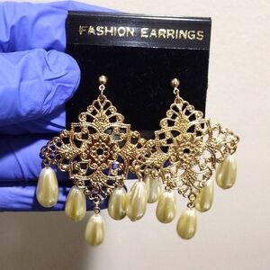 Women's Gold-tone Diamond Shape Filigree Design Beaded Drop Dangle Earrings, #5